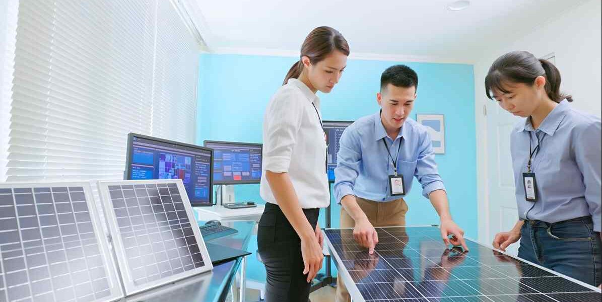 Engineers looking at solar panel