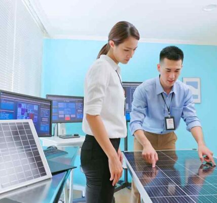 Engineers looking at solar panel