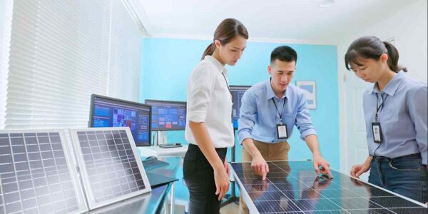 Engineers looking at solar panel